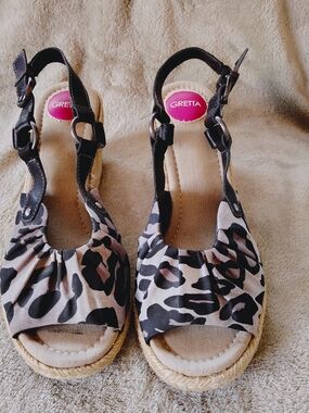 Women's Leopard Print Black and Khaki Leopard Print Wedge Sandals